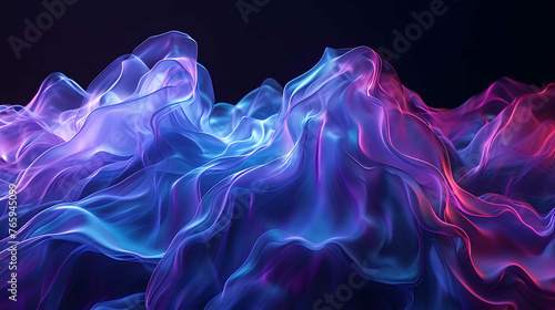 Vibrant abstract digital artwork featuring dynamic waves in shades of purple and blue with a sense of motion.