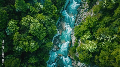 Aerial view river flowing water from mountain forest at Summer day. AI generated image