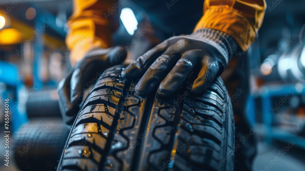 New tire inspection with detailed tread in sharp focus. Black-gloved hands holding quality wet tire. Professional car maintenance in garage setting.