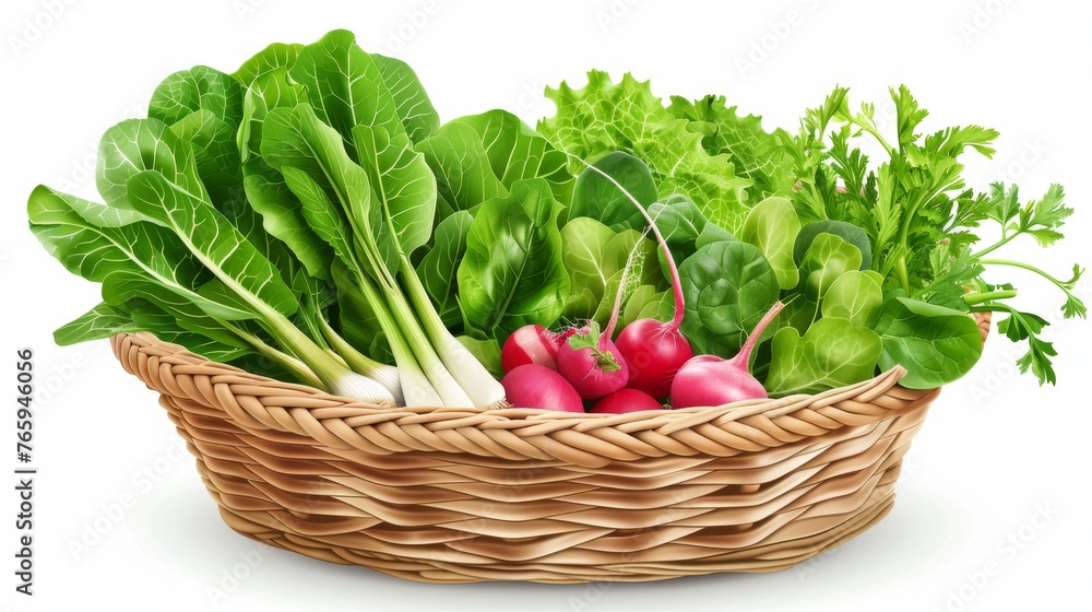 Fresh green leafy vegetables and radishes in a wicker basket on white background. Organic leafy greens and red radishes arranged in a natural wicker basket. Fresh green leafy vegetables and radishes in a wicker basket on white background. Organic leafy greens and red radishes arranged in a natural wicker basket.