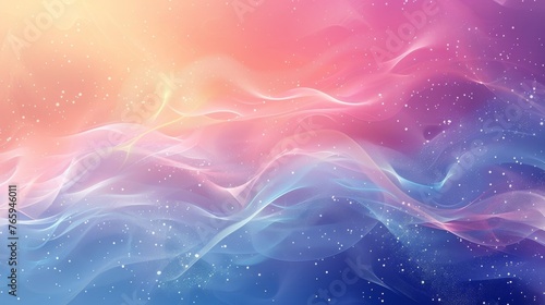 Cosmic waves in pink, purple, and blue. Nebula-like textures with starry particles. Abstract flow of celestial colors and sparkling lights.
