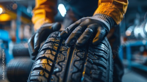 New tire inspection with detailed tread in sharp focus. Black-gloved hands holding quality wet tire. Professional car maintenance in garage setting.