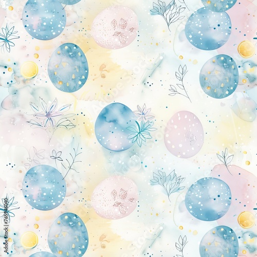 Watercolor Easter eggs and floral patterns with a translucent, dreamy pastel backdrop.