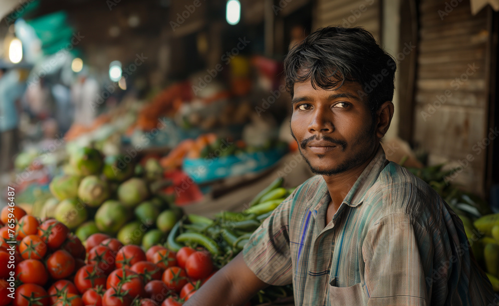 A man at a vibrant outdoor market, surrounded by fresh vegetables and fruits, smiling warmly as he engages with customers. A man at a vibrant outdoor market, surrounded by fresh vegetables and fruits, smiling warmly as he engages with customers.