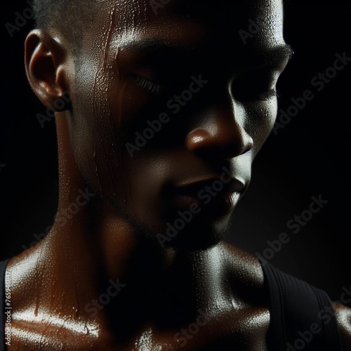 Retrato de um jovem afro-americano com pele molhada de suor. photo