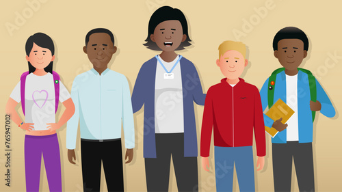 Teacher with diverse students. Simple flat vector characters standing together. Easy to edit.