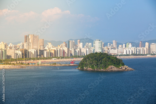 Partial aerial view of the city of Santos with the island of Urubuqueçaba in the foreground