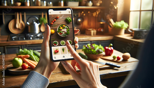 Hands holding a smartphone, browsing through a selection of healthy food options on the screen.
