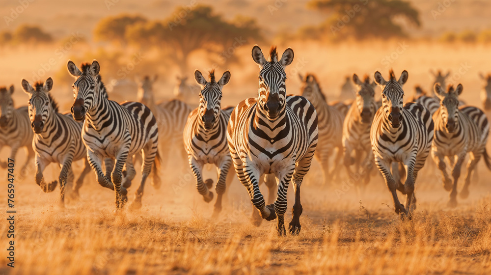 Obraz premium Dynamic movement of a herd of zebras galloping across the savannah, illuminated by the golden hues of sunlight