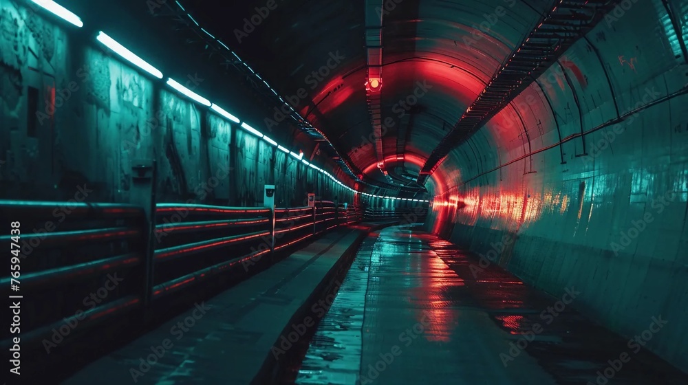 Subway tunnel underground with neon lights