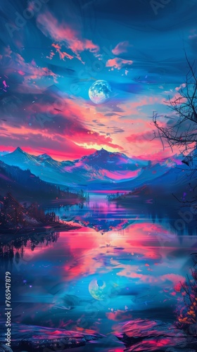 A painting of a beautiful sunset over a lake