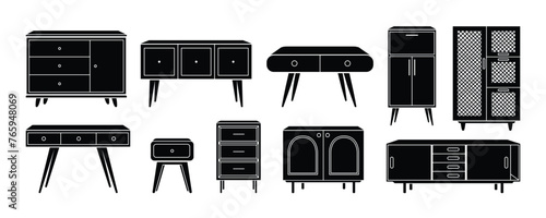Chest of drawers and nightstand silhouette icon set. TV stands, commodes, dressers trendy storage furniture for home design interior. Flat monochrome vector illustration isolated on white background.