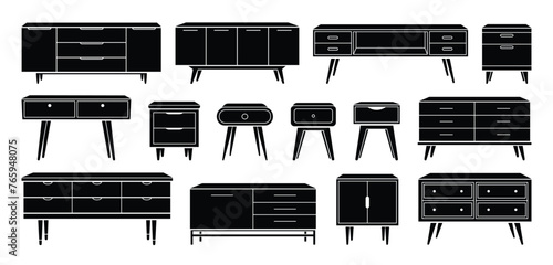 Chest of drawers and nightstand silhouette icon set. TV stands, commodes, dressers trendy storage furniture for home design interior. Flat monochrome vector illustration isolated on white background.