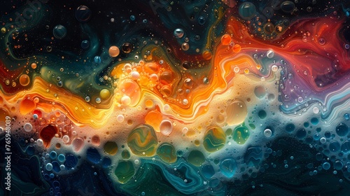 Swirling bubbles of color dance across an abstract background