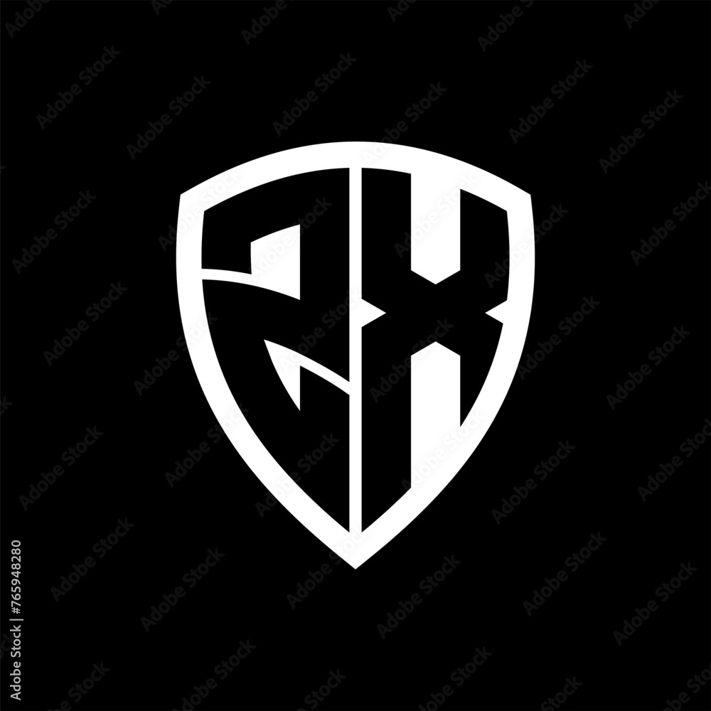 ZX monogram logo with bold letters shield shape with black and white color design ZX monogram logo with bold letters shield shape with black and white color design