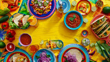 Happy Cinco de Mayo. Holiday banner.. Traditionale Mexican food, salsa, tacos, tamales on yellow background