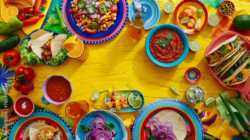 Happy Cinco de Mayo. Holiday banner.. Traditionale Mexican food  salsa  tacos  tamales on yellow background