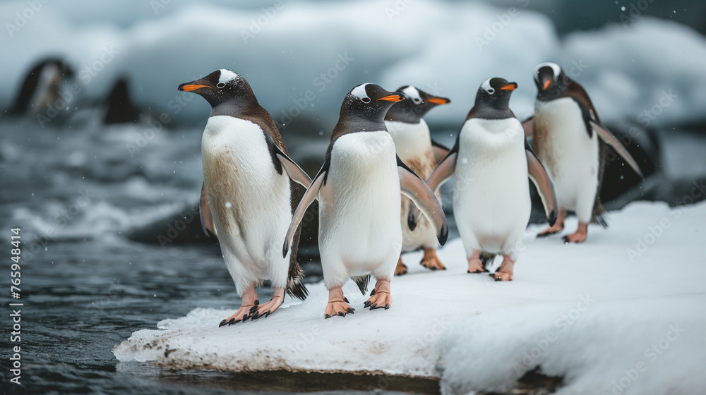 Obraz premium Charming Waddle: Group of Penguins Gracefully Waddling Along a Snowy Shoreline, Evoking Scenes of Playful Harmony and Arctic Wonder.