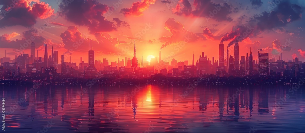 sunset in city with a steampunk theme