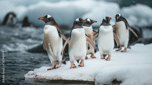 Charming Waddle: Group of Penguins Gracefully Waddling Along a Snowy Shoreline, Evoking Scenes of Playful Harmony and Arctic Wonder.
