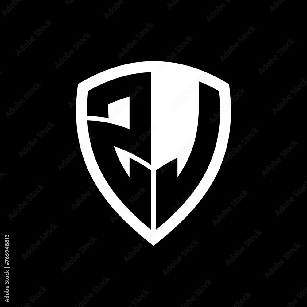 ZJ monogram logo with bold letters shield shape with black and white color design ZJ monogram logo with bold letters shield shape with black and white color design