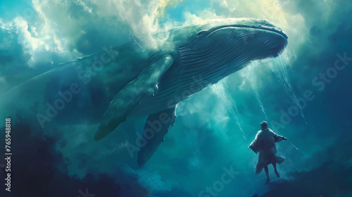 Jonah and the Whale: Biblical Tale from the Book of Jonah - Aqua Sanctuary, Jonah's Spiritual Respite Within the Heart of the Whale, Reflecting on Divine Intervention and Redemption.