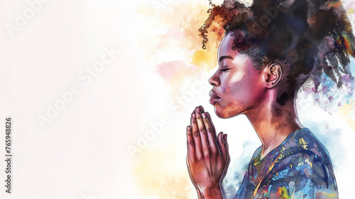 Graceful African American Woman Praying: Abstract Watercolor Portrait, Profile Side View, White Background, with Copy Space - Ideal for Banner Use.