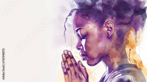 Graceful African American Woman Praying: Abstract Watercolor Portrait, Profile Side View, White Background, with Copy Space - Ideal for Banner Use.