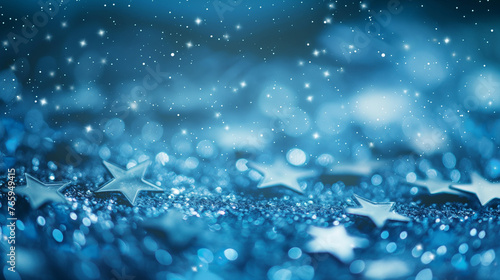 abstract blue background, blue wallpaper, shiny glitter and stars, blue bokeh, blurred background 