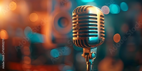 Professional podcast microphone in a recording studio setting. Concept Podcast Equipment, Professional Microphone, Recording Studio, Audio Gear, Broadcasting Setup