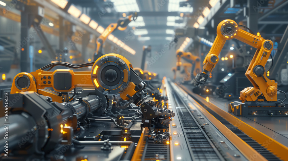 Robot arm inside electronics factory. Component installation on circuit board. Electronic devices production industry. Fully automated modern assembly line