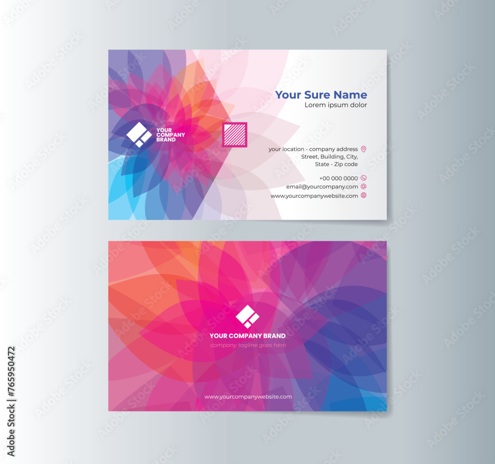 Fototapeta premium A set of horizontal double-sided business card template designs with illustrations of transparent multicolor flower petals on a white gradient background