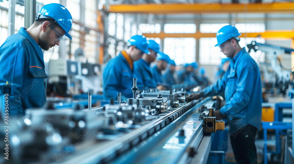 Assembly line, where workers in blue uniforms assemble various components. The conveyor belt is filled with different parts Assembly line, where workers in blue uniforms assemble various components. The conveyor belt is filled with different parts