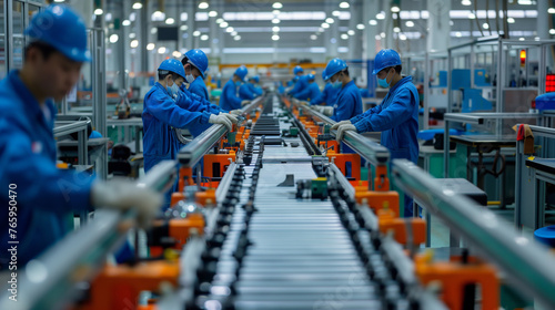 Assembly line, where workers in blue uniforms assemble various components. The conveyor belt is filled with different parts