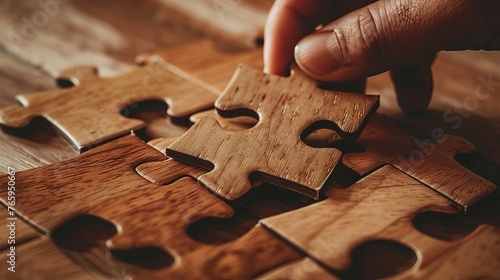 A concept highlighting the decision-making process and logical thinking, with a hand holding and placing the final piece of a wooden puzzle, symbolizing the completion of tasks and problem-solving photo