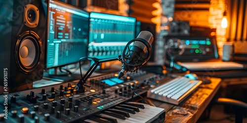 Podcast studio with microphone mixer keyboard and monitors for professional audio recording. Concept Podcast Studios, Audio Equipment, Professional Recording, Sound Mixing, Studio Setup
