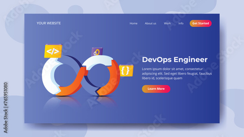 Devops isometric landing page. DevOps, software development and IT Operation methodology, Web development or devops concept in banner, poster, flyer design.