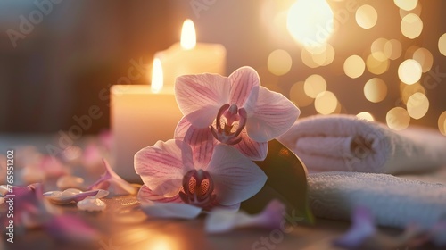 A serene spa still life with aromatic candles  an orchid flower  and a towel  encapsulating the peaceful essence of spa environments