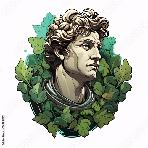 a cartoon of a man's head surrounded by leaves
