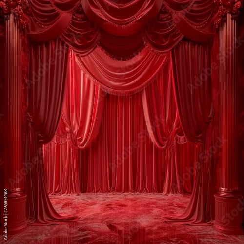 3D animation, open and close luxury red silk, curtain decoration design. Red Stage Curtain for theater or opera scene backdrop. Mockup for your design project, Red velvet carpet. Generative AI