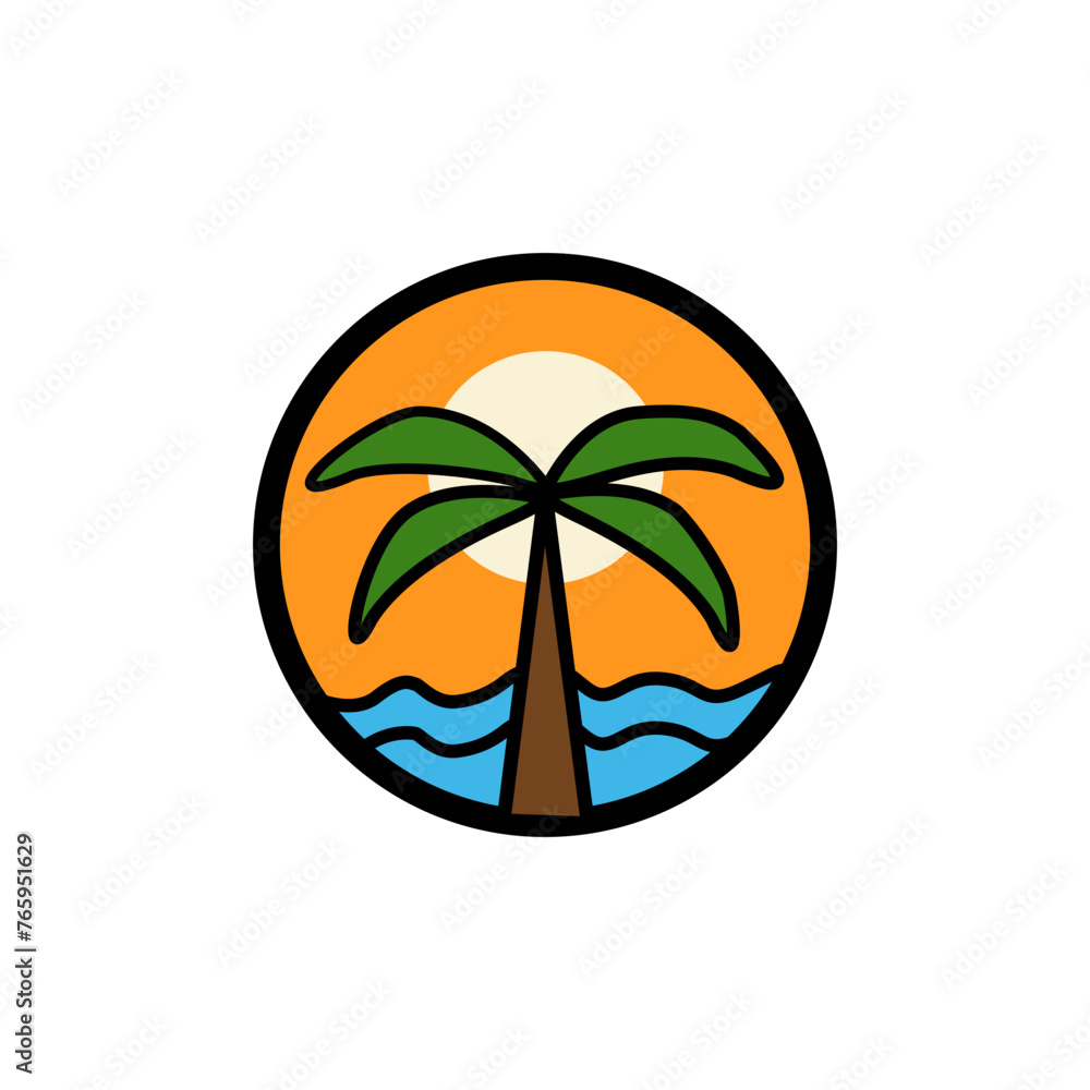 vector coconut tree logo with ocean sunset atmosphere
