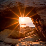 The suns rays illuminate a cave opening on a sandy beach, creating a striking contrast between light and shadow.
