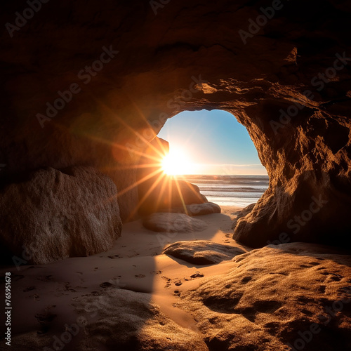 The suns rays illuminate a cave opening on a sandy beach, creating a striking contrast between light and shadow.