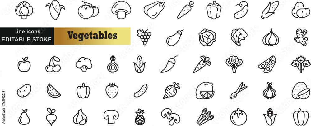 Set of line icons in linear style. Set - Vegetables and veggies. Natural fresh vegetables and root vegetables. Vegetarian food. Outline icon collection. Pictogram and infographic. Editable stroke. Set of line icons in linear style. Set - Vegetables and veggies. Natural fresh vegetables and root vegetables. Vegetarian food. Outline icon collection. Pictogram and infographic. Editable stroke.