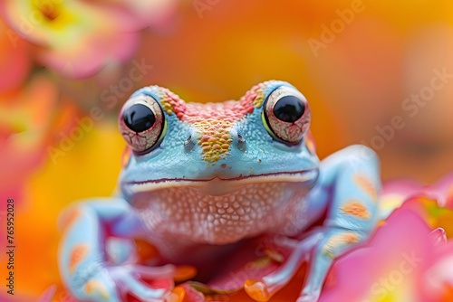 a close up of a blue and pink frog with a big eyeball on it's face, with a blurry background of yellow and pink and orange flowers.