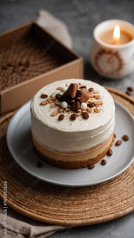 A small portioned cake in soft coffee and milky shades.