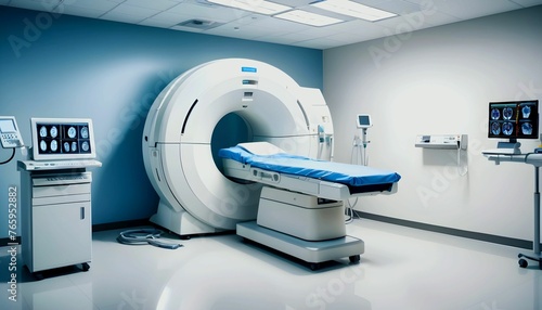 Advanced mri or ct scan medical diagnosis machine at hospital lab as wide banner with copy space area created with generative ai