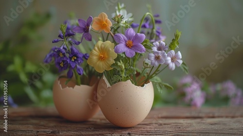 Eggshell vases with pastel spring flowers, warm bokeh lights background.