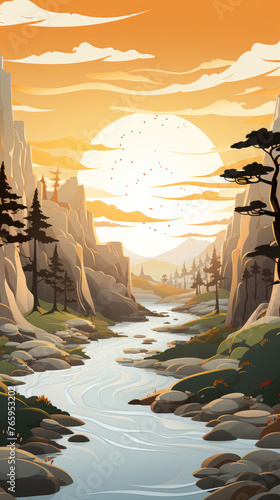 Sunset River Canyon Illustration  