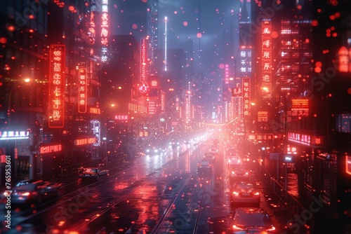 Cityscape of a cyberpunk city street with neon lights and rain in the evening